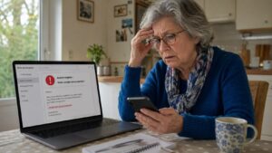Une femme âgée inquiète devant un ordinateur affichant un email suspect, symbole des arnaques en ligne.