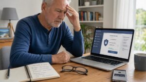 Un homme senior devant son ordinateur réfléchit à la gestion de ses mots de passe et à sa sécurité numérique.